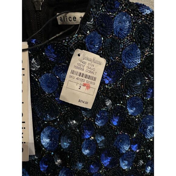 Alice + Olivia Stacey Bendet Sequin Dress Cobalt Blue Black Midi Sheath Size 2 - Picture 5 of 9